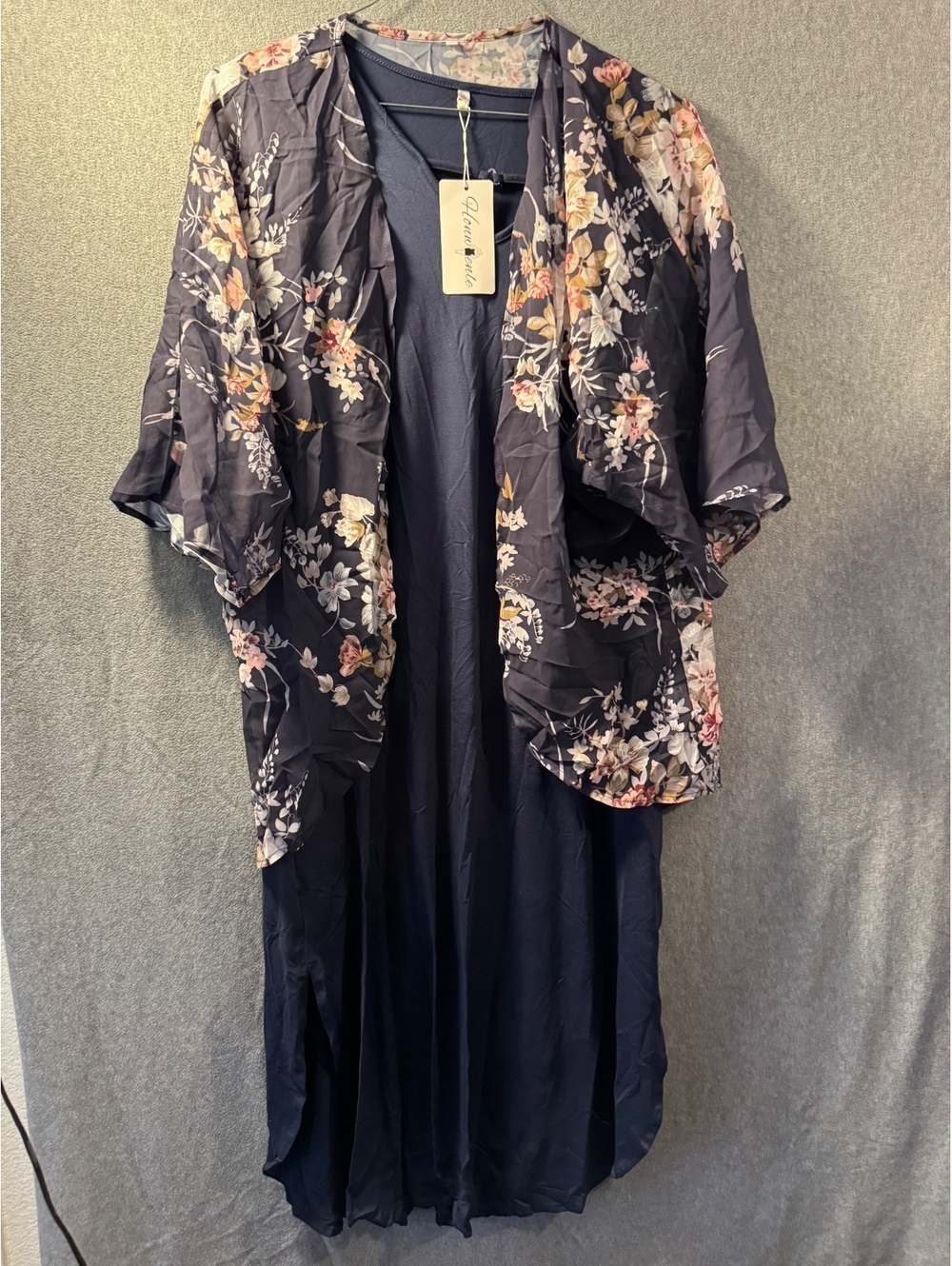 Honwenle Women's Navy Summer Dress with Floral Kimono Cover-up, Size L